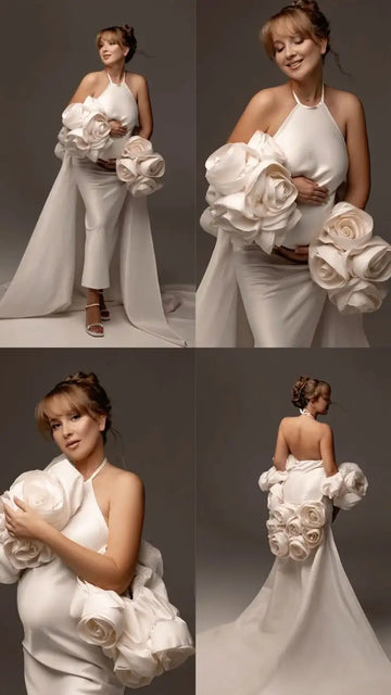 MQTIME  -  Beautiful Ivory Halter Long Maternity Dress To Photoshoots With Flower Bicep Cape Jacket 2 Pieces Formal Women Dress